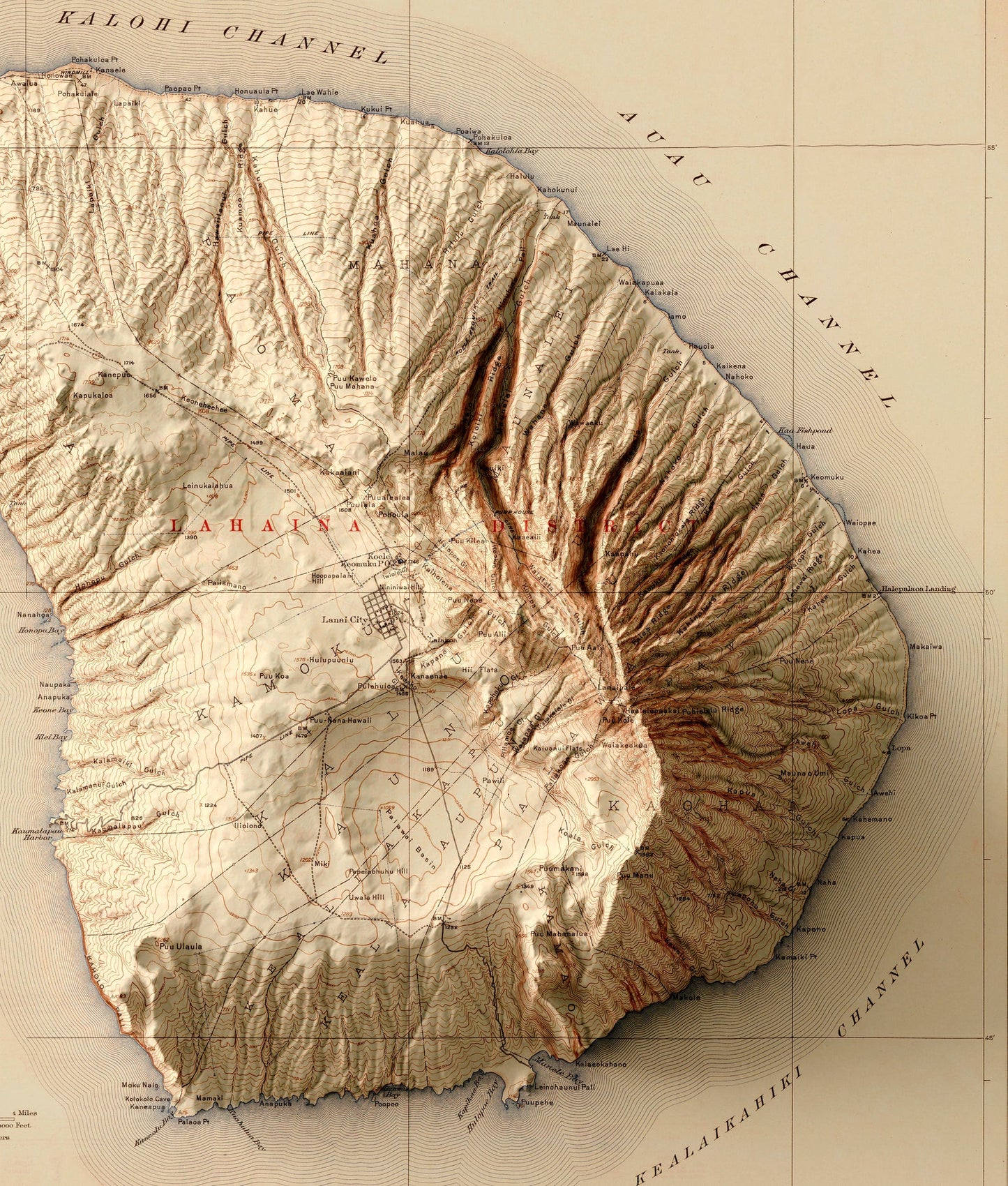 Detailed close-up of a vintage Lanai (Hawaii) relief map, showcasing textured topography and geographic contours