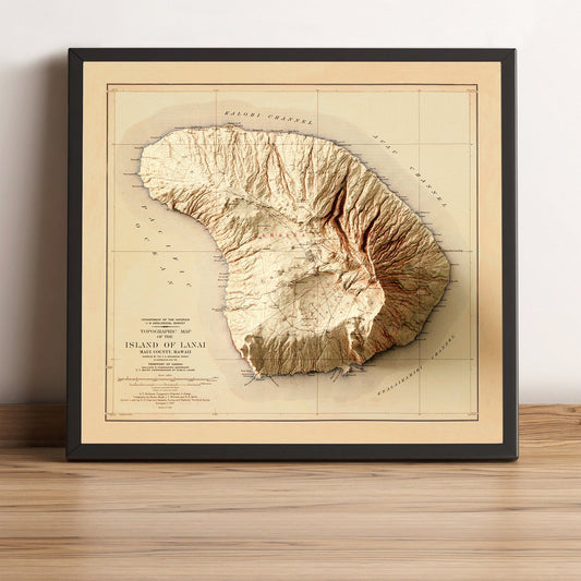 Lanai (Hawaii) vintage framed shaded relief map in black frame. Artistic print highlighting mountains with a realistic terrain effect