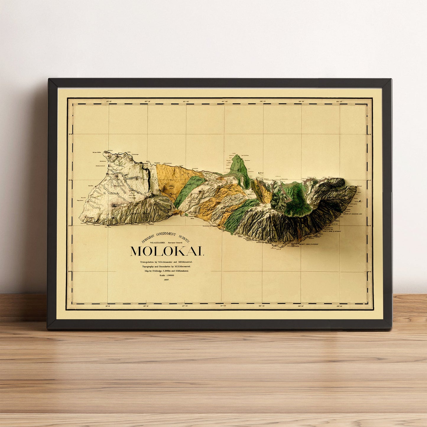 Molokai (Hawaii) vintage framed shaded relief map in black frame. Artistic print highlighting mountains with a realistic terrain effect