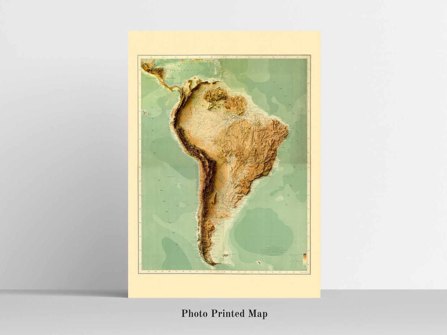 South America Shaded relief map print, highlighting topography. Ideal for home decor and geography lovers