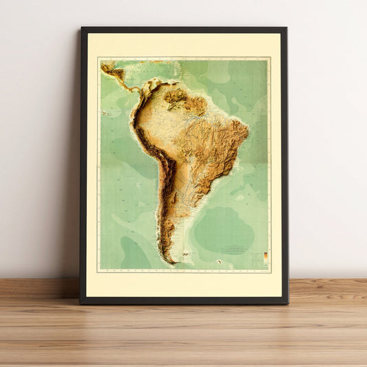 South America vintage framed shaded relief map in black frame. Artistic print highlighting mountains with a realistic terrain effect