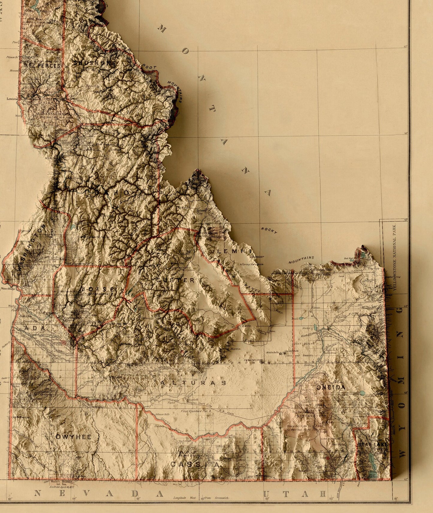 Detailed close-up of a vintage Idaho (USA) relief map, showcasing textured topography and geographic contours