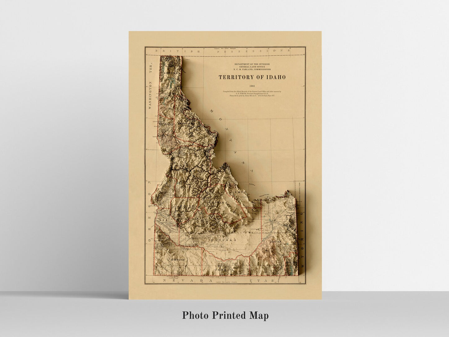 Idaho (USA) Shaded relief map print, highlighting topography. Ideal for home decor and geography lovers