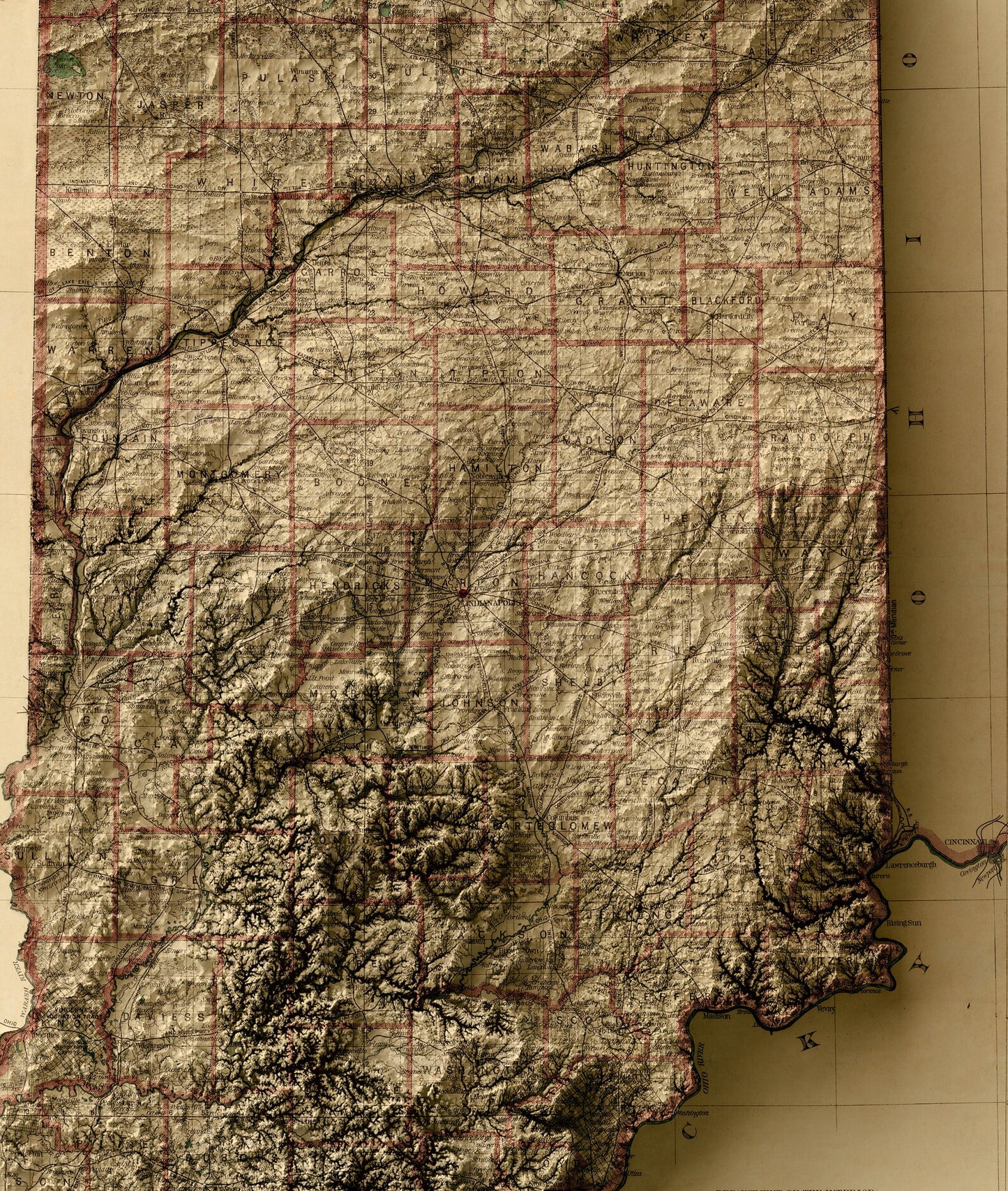 Detailed close-up of a vintage Indiana (USA) relief map, showcasing textured topography and geographic contours