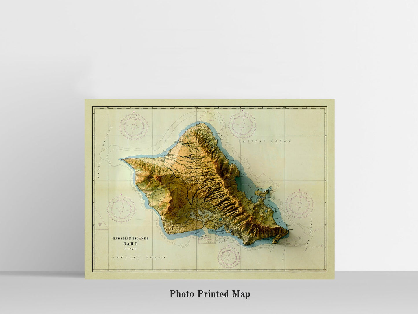 Oahi (Hawaii) Shaded relief map print, highlighting topography. Ideal for home decor and geography lovers