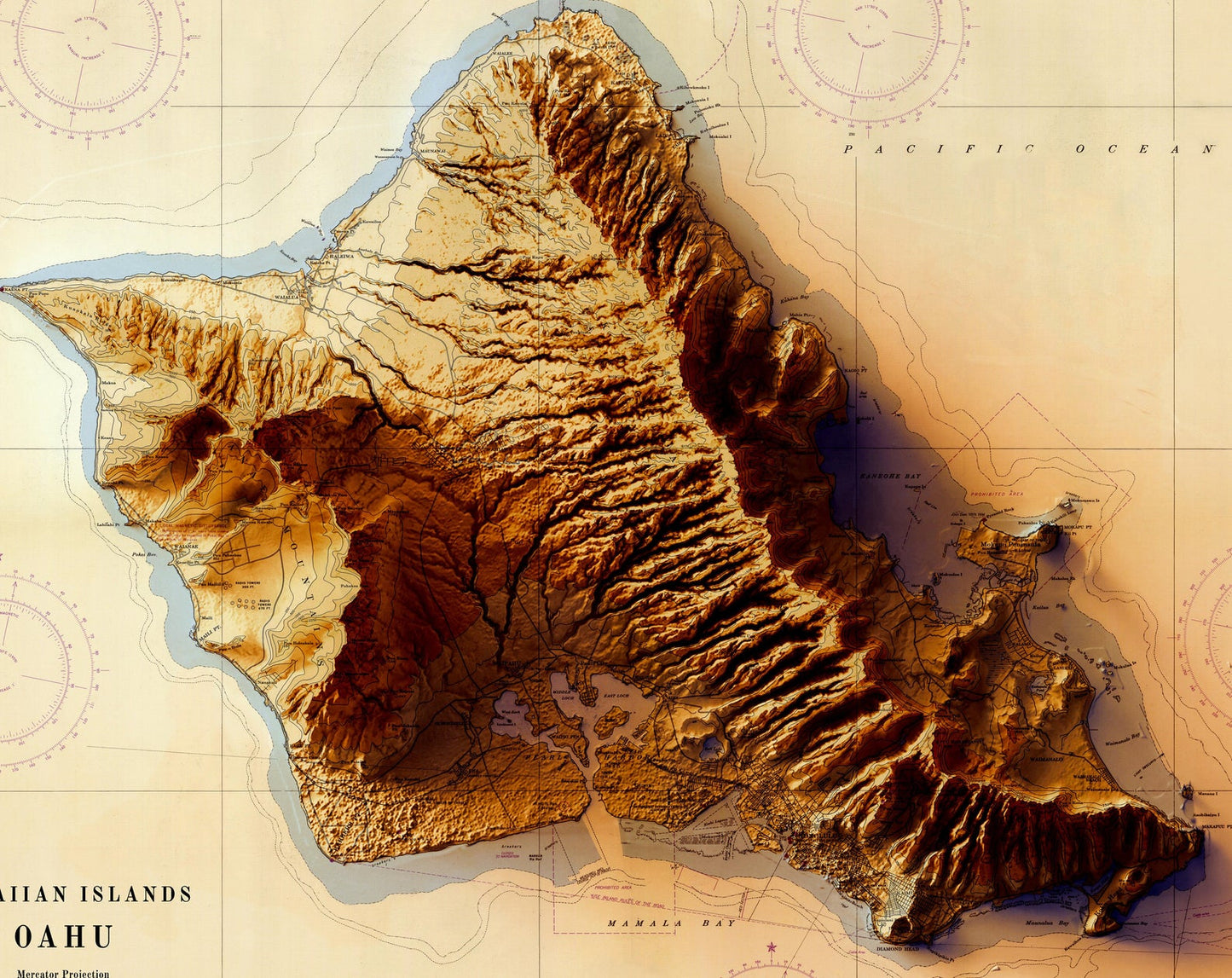 Detailed close-up of a vintage Oahu (Hawaii) relief map, showcasing textured topography and geographic contours