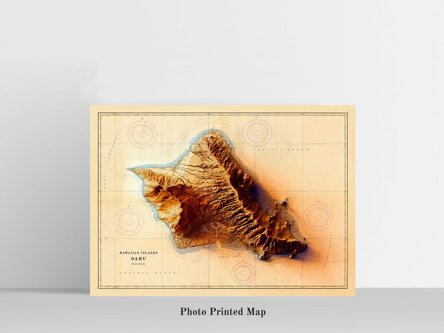 Oahi (Hawaii) Shaded relief map print, highlighting topography. Ideal for home decor and geography lovers