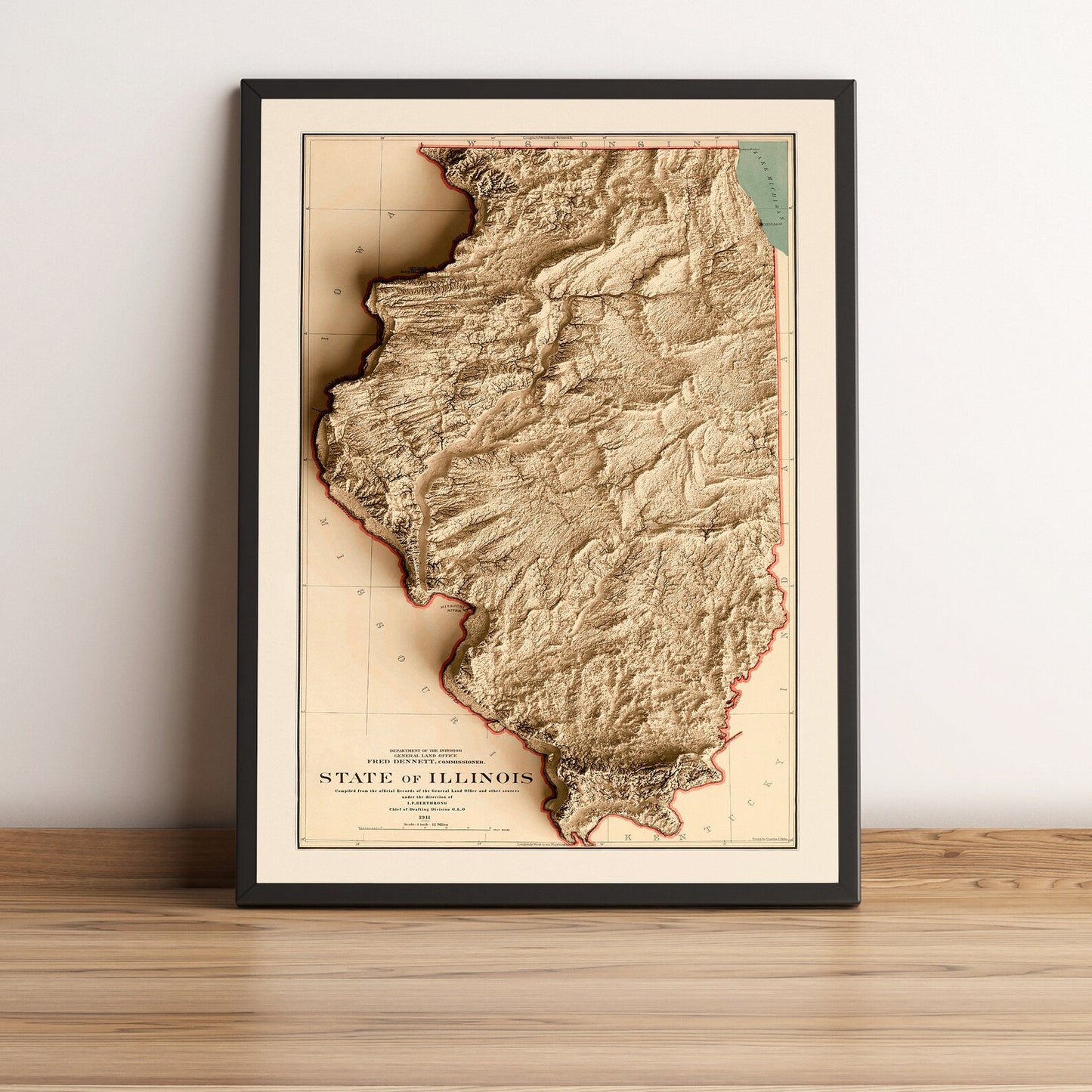 Illinois (USA) vintage framed shaded relief map in black frame. Artistic print highlighting mountains with a realistic terrain effect