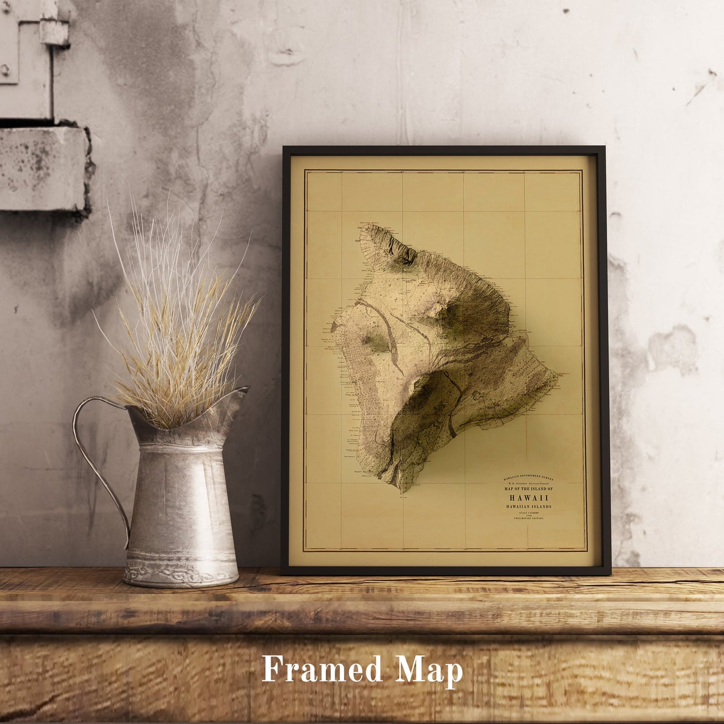 Vintage Hawaii Island shaded relief map in black frame. Realistic terrain art print for home decor, displayed on rustic wooden table