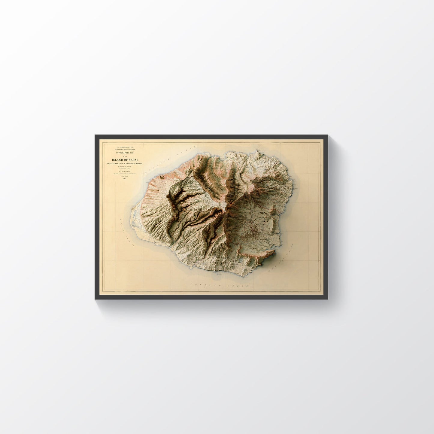 Kauai Island (USA) vintage framed shaded relief map in black frame. Artistic print highlighting mountains with a realistic terrain effect
