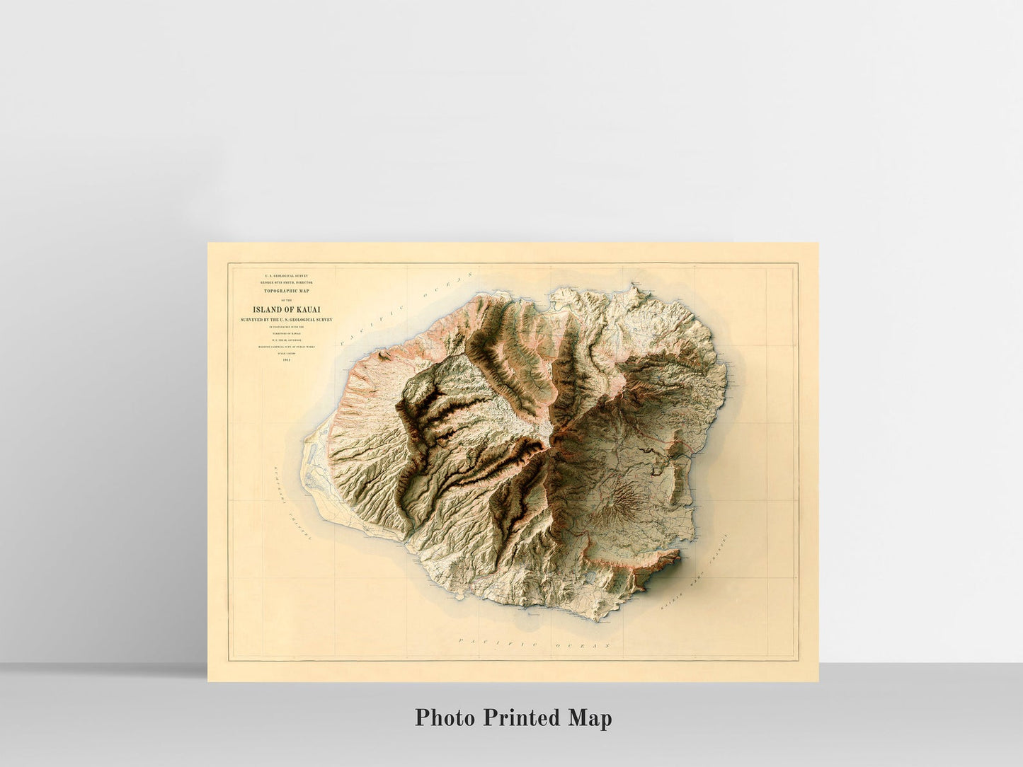 Kauai (Hawaii) Shaded relief map print, highlighting topography. Ideal for home decor and geography lovers