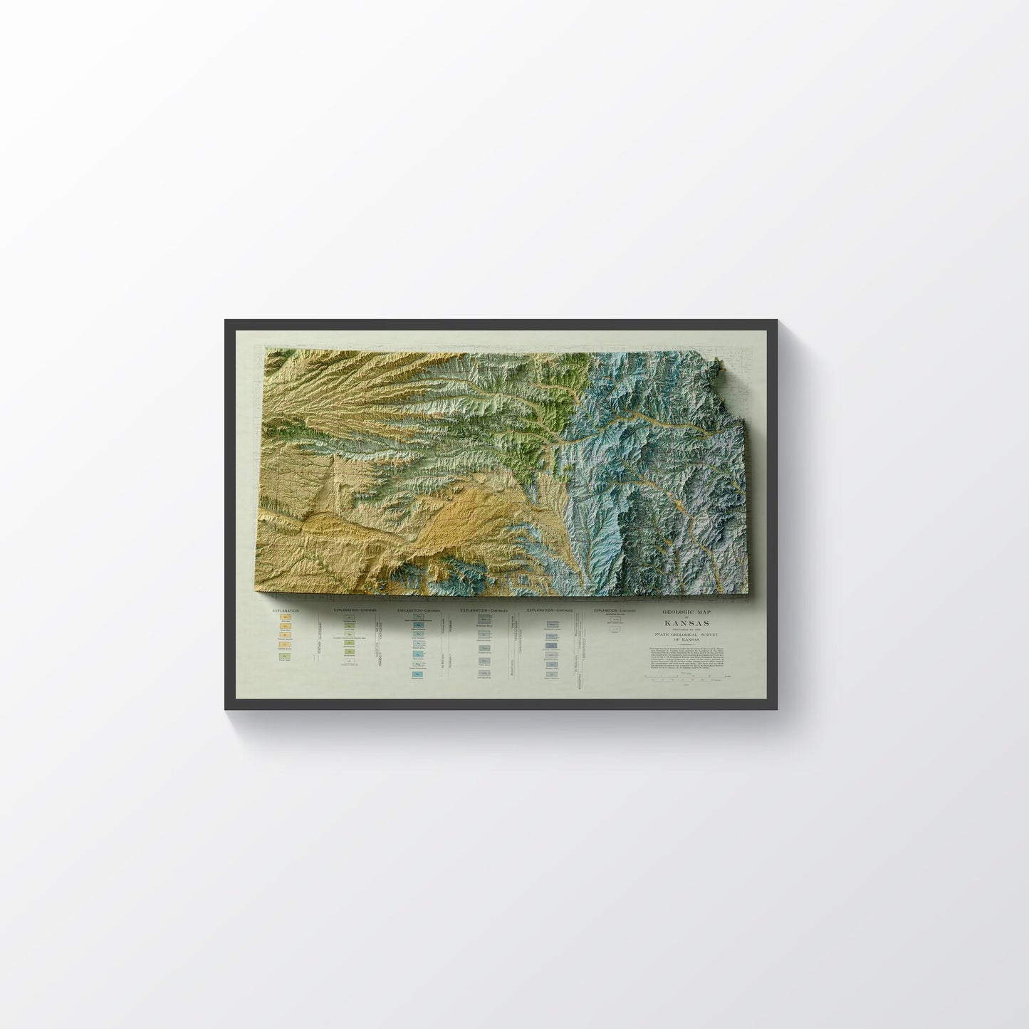 Kansas (USA) vintage framed shaded relief map in black frame. Artistic print highlighting mountains with a realistic terrain effect