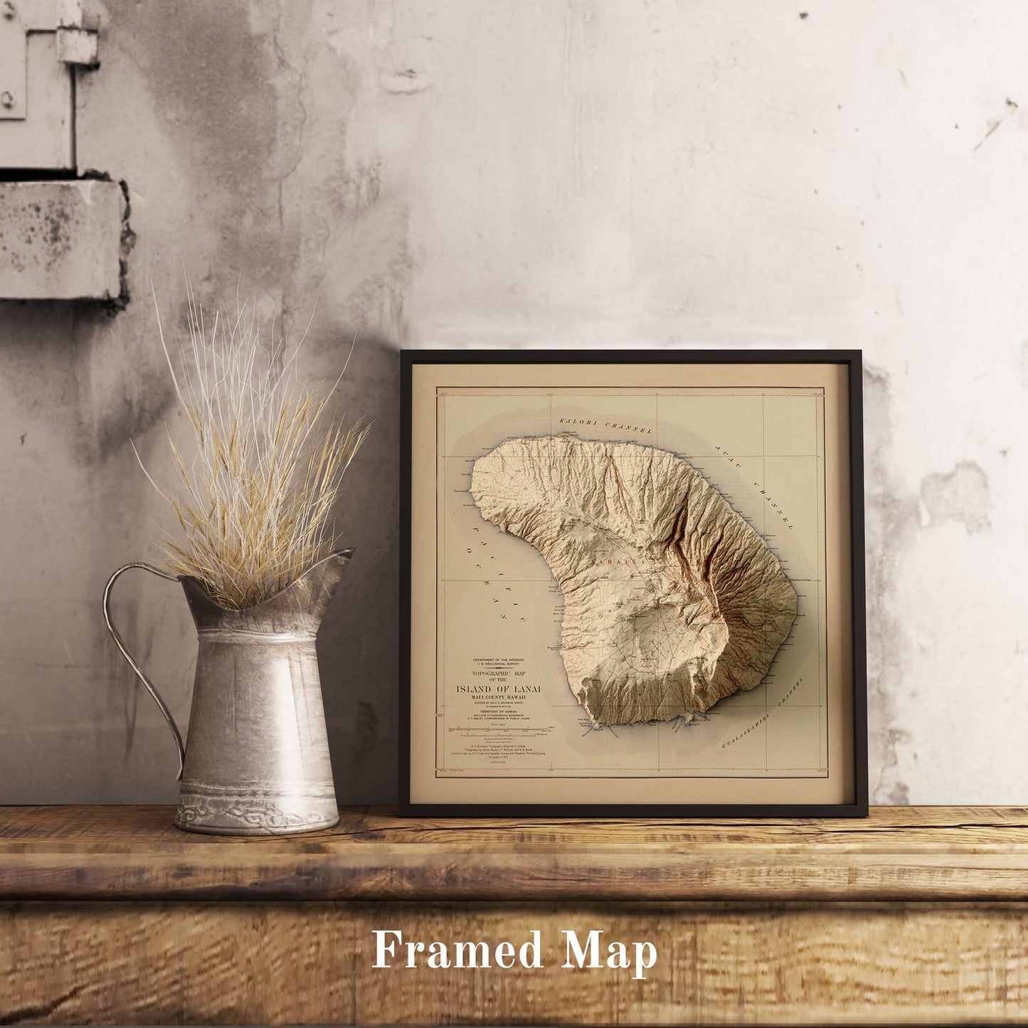 Lanai (Hawaii) shaded relief map in black frame. Realistic terrain art print for home decor, displayed on rustic wooden table