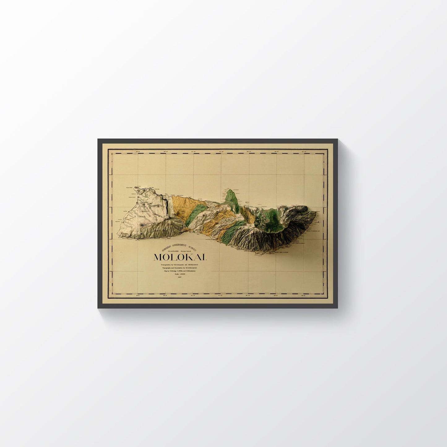 Molokai (Hawaii) vintage framed shaded relief map in black frame. Artistic print highlighting mountains with a realistic terrain effect