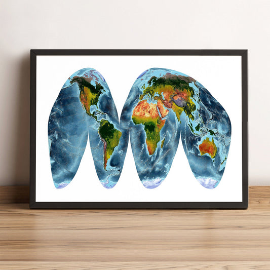 World framed shaded relief map in black frame, showing Goode Homolosine Land Projection. Artistic print highlighting vegetation and bathymetry