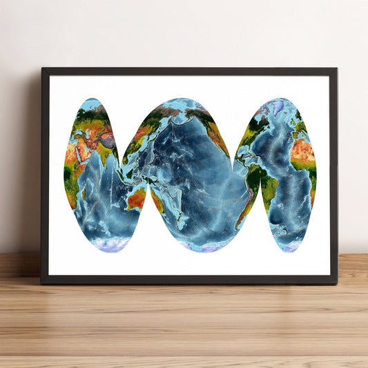 World framed shaded relief map in black frame, showing Goode Homolosine Ocean Projection. Artistic print highlighting vegetation and bathymetry