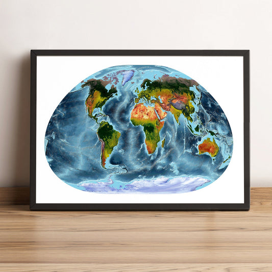 World framed shaded relief map in black frame, showing Loximuthal Projection. Artistic print highlighting vegetation and bathymetry
