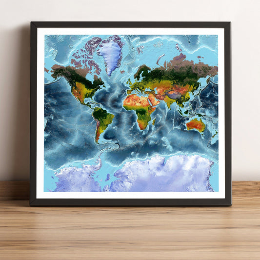World framed shaded relief map in black frame, showing Mercator Projection. Artistic print highlighting vegetation and bathymetry