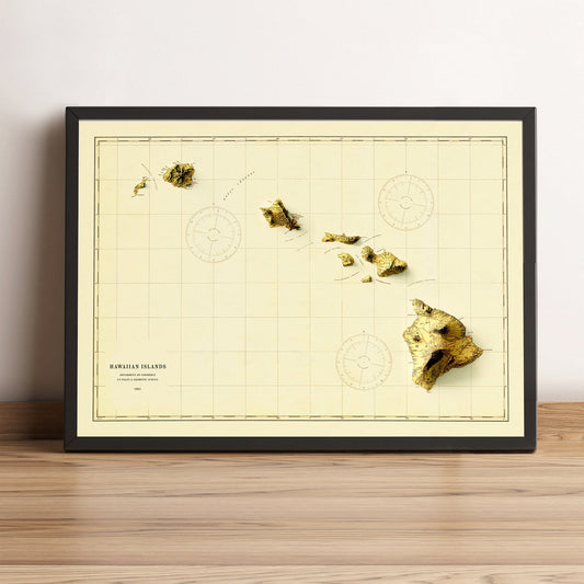 Hawaii (USA) vintage framed shaded relief map in black frame. Artistic print highlighting mountains with a realistic terrain effect