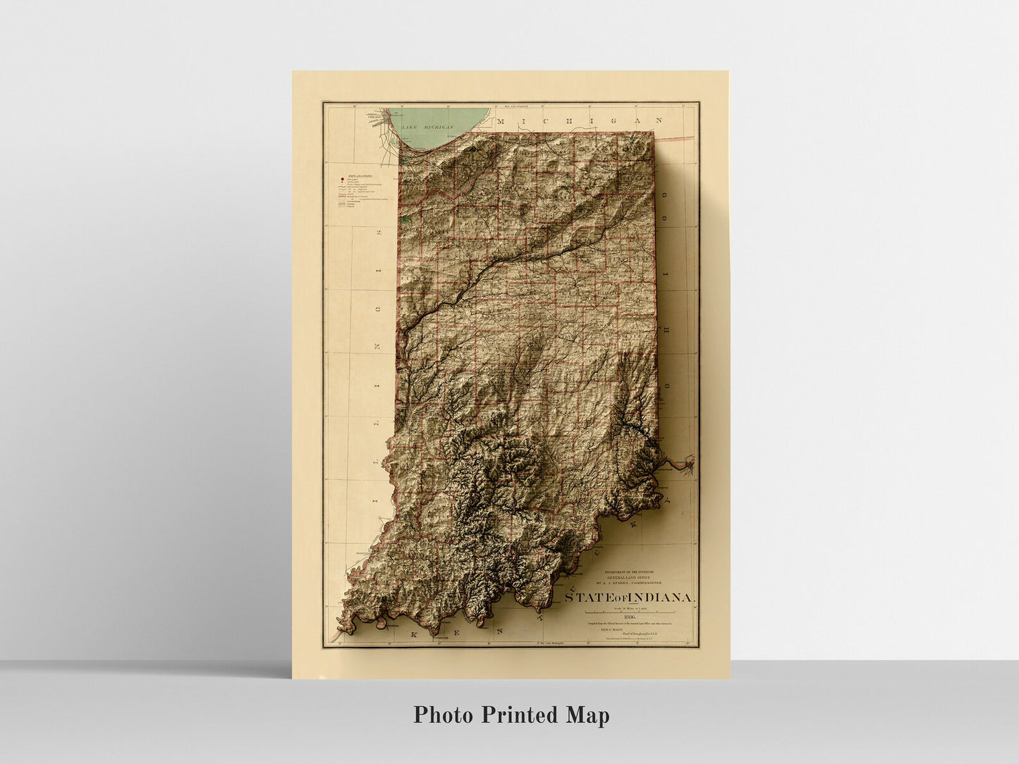 Indiana (USA) Shaded relief map print, highlighting topography. Ideal for home decor and geography lovers
