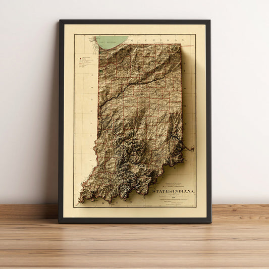 Indiana (USA) vintage framed shaded relief map in black frame. Artistic print highlighting mountains with a realistic terrain effect