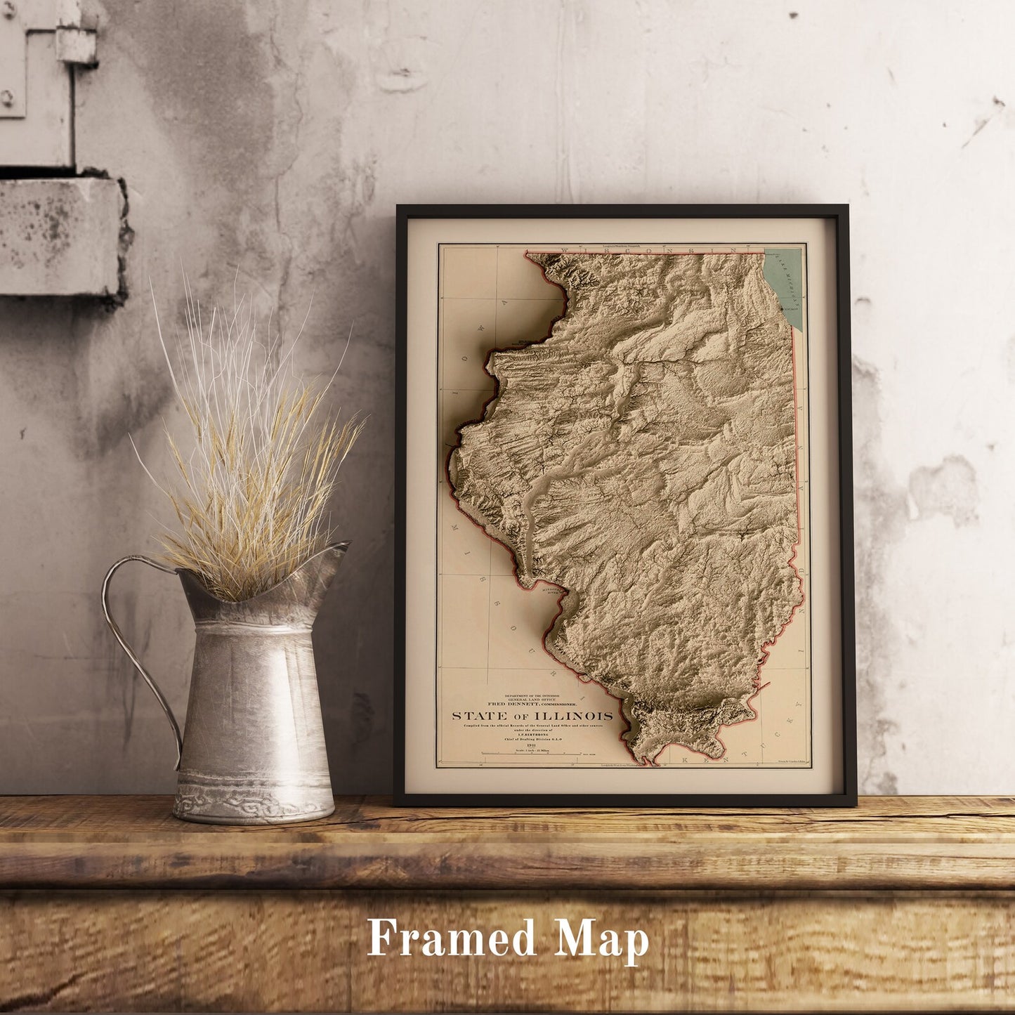 Vintage Idaho (USA) shaded relief map in black frame. Realistic terrain art print for home decor, displayed on rustic wooden table
