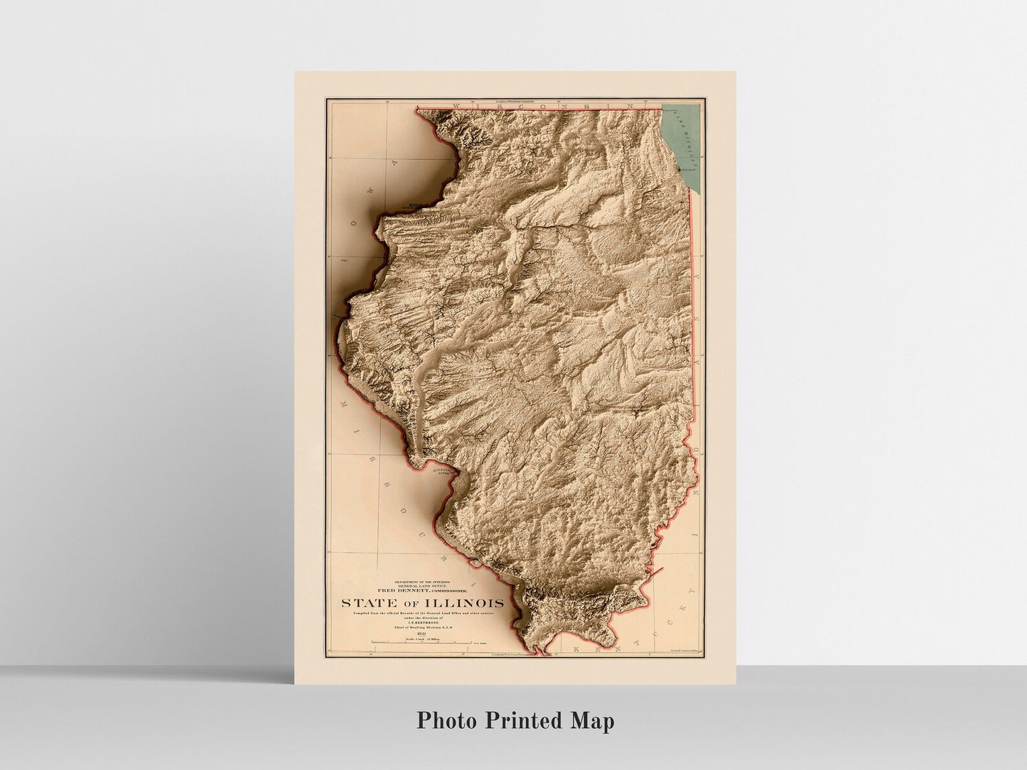 Illinois (USA) Shaded relief map print, highlighting topography. Ideal for home decor and geography lovers