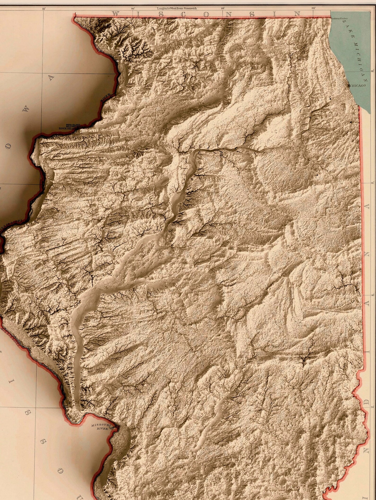 Detailed close-up of a vintage Illinois (USA) relief map, showcasing textured topography and geographic contours