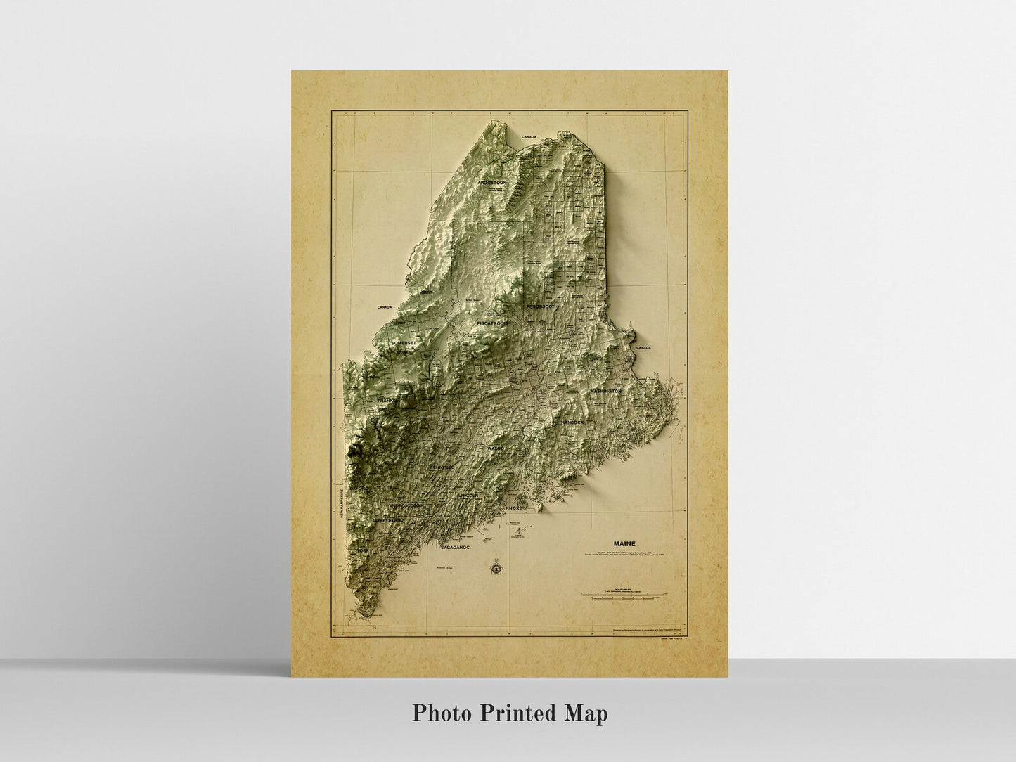 Maine (USA) Shaded relief map print, highlighting topography. Ideal for home decor and geography lovers