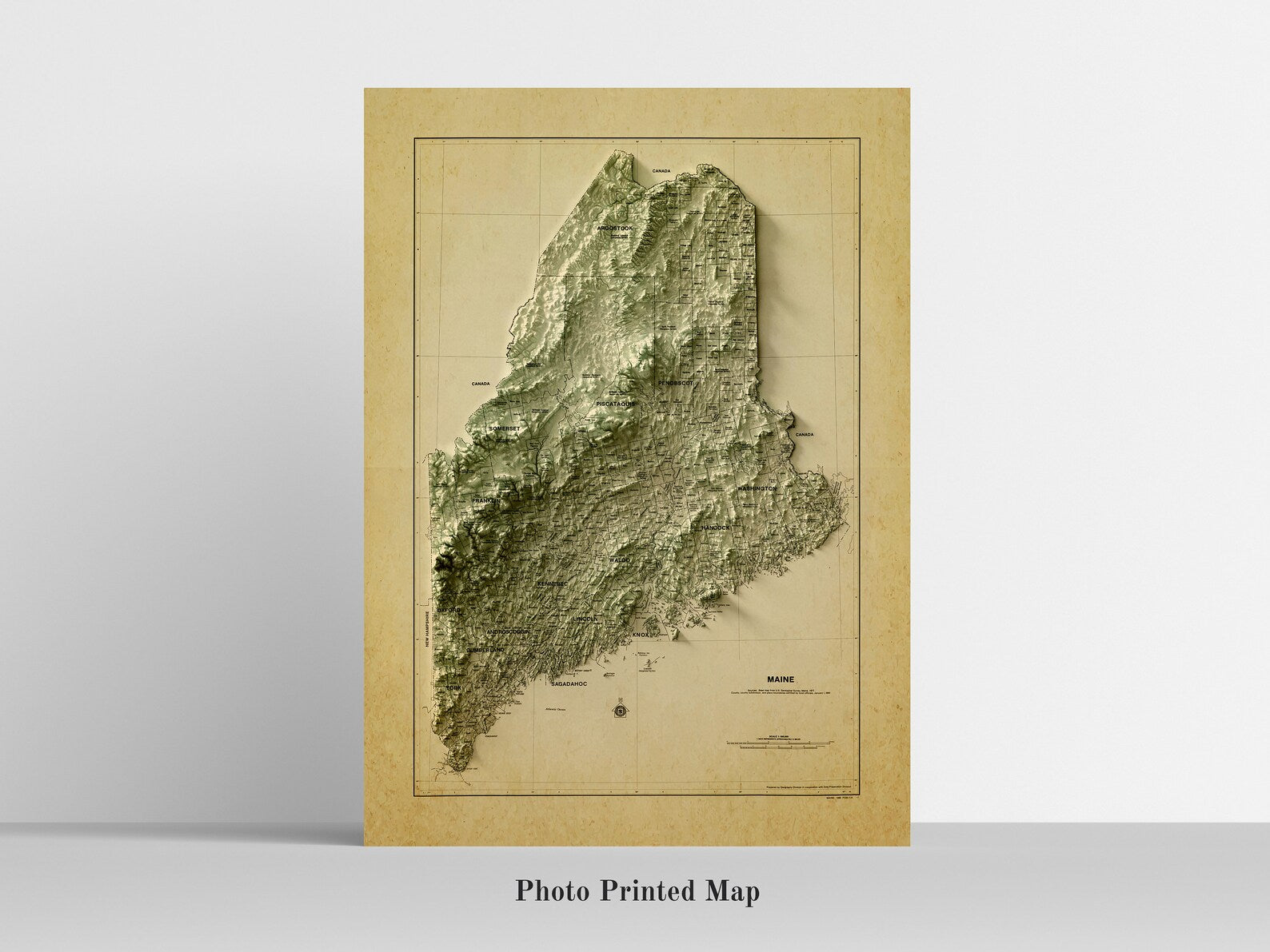 Maine (USA) Shaded relief map print, highlighting topography. Ideal for home decor and geography lovers