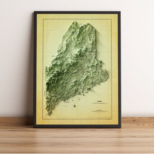 Maine (USA) vintage framed shaded relief map in black frame. Artistic print highlighting mountains with a realistic terrain effect