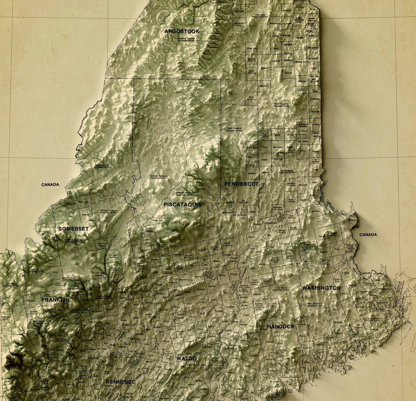 Detailed close-up of a vintage Maine relief map, showcasing textured topography and geographic contours