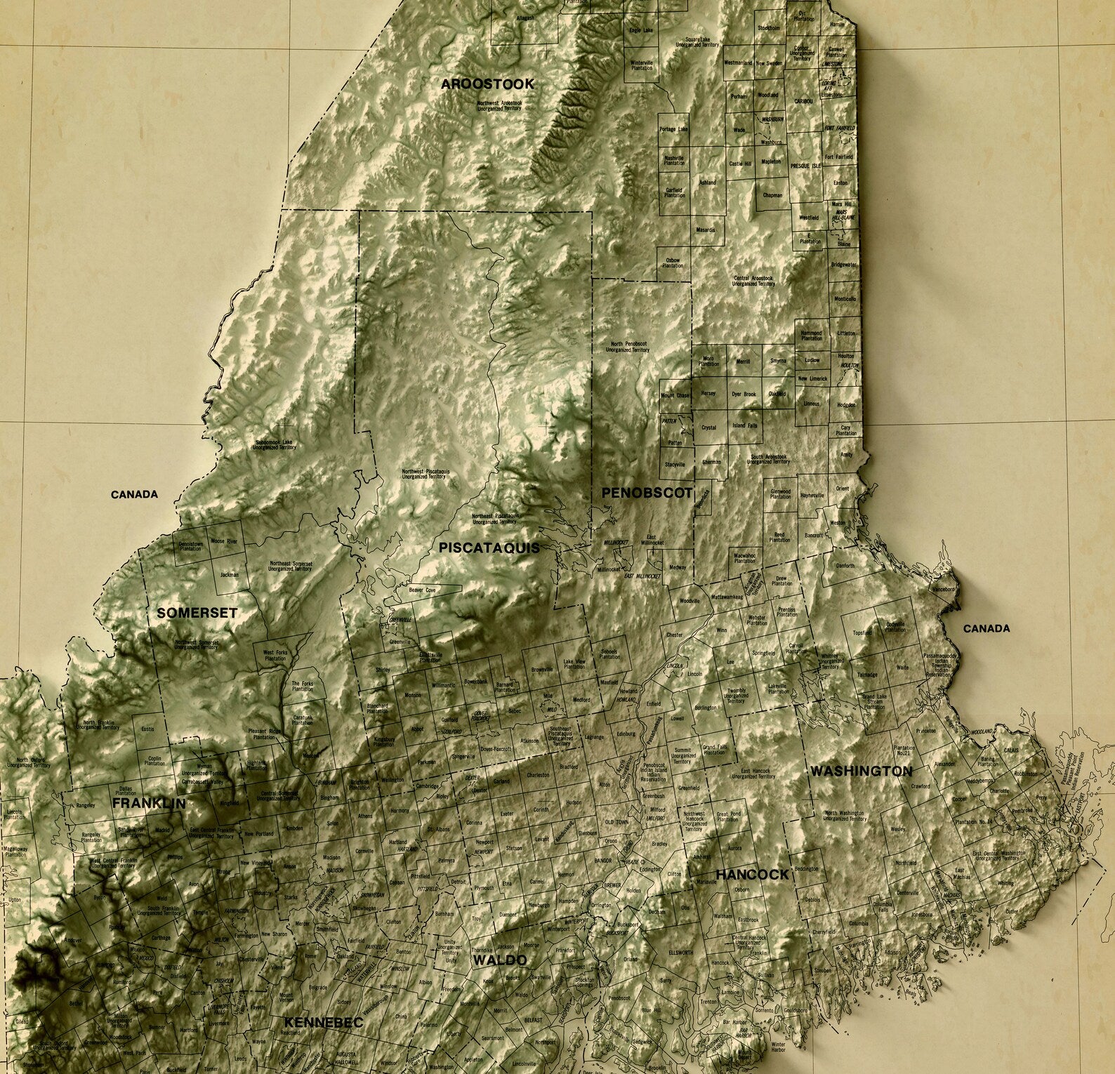 Detailed close-up of a vintage Maine relief map, showcasing textured topography and geographic contours