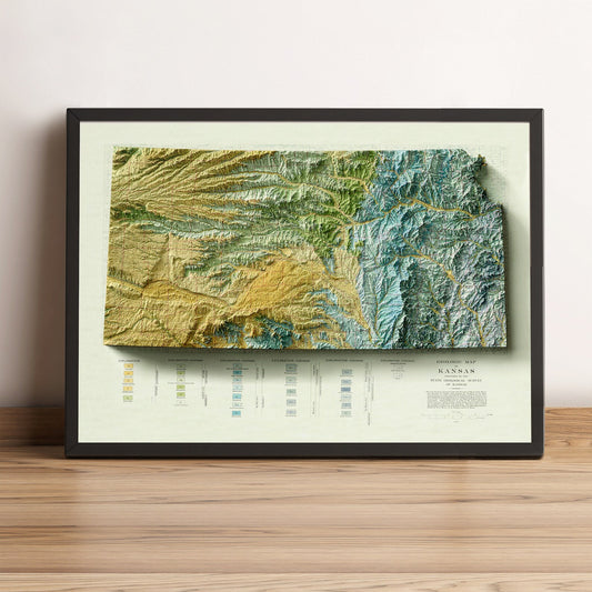 Kansas (USA) vintage framed shaded relief map in black frame. Artistic print highlighting mountains with a realistic terrain effect