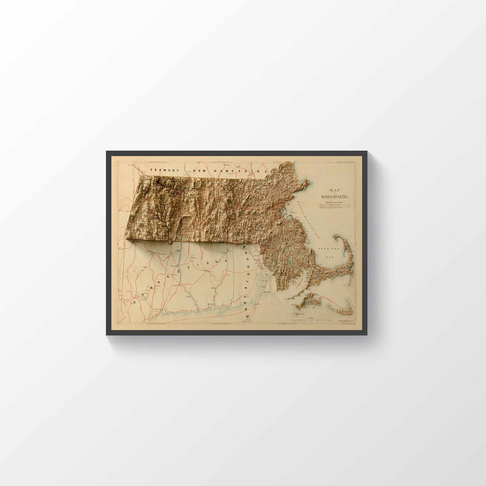 Massachusetts (USA) vintage framed shaded relief map in black frame. Artistic print highlighting mountains with a realistic terrain effect