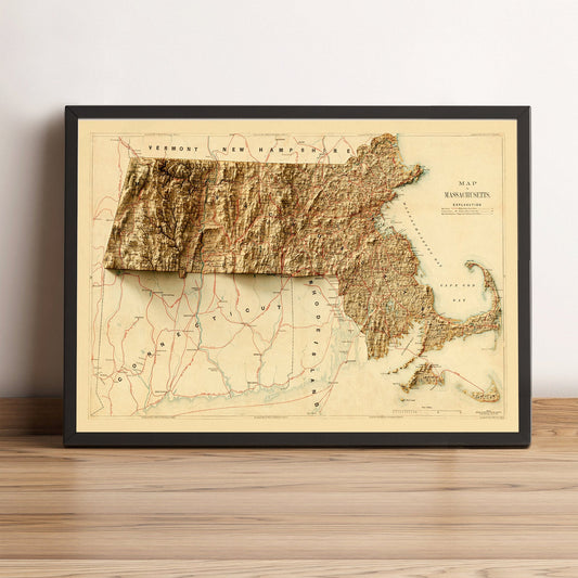 Massachusetts (USA) vintage framed shaded relief map in black frame. Artistic print highlighting mountains with a realistic terrain effect