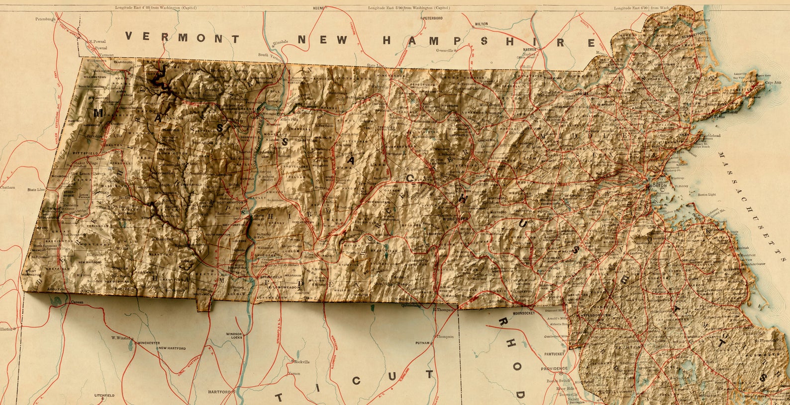 Detailed close-up of a Massachusetts (USA) relief map, showcasing textured topography and geographic contours