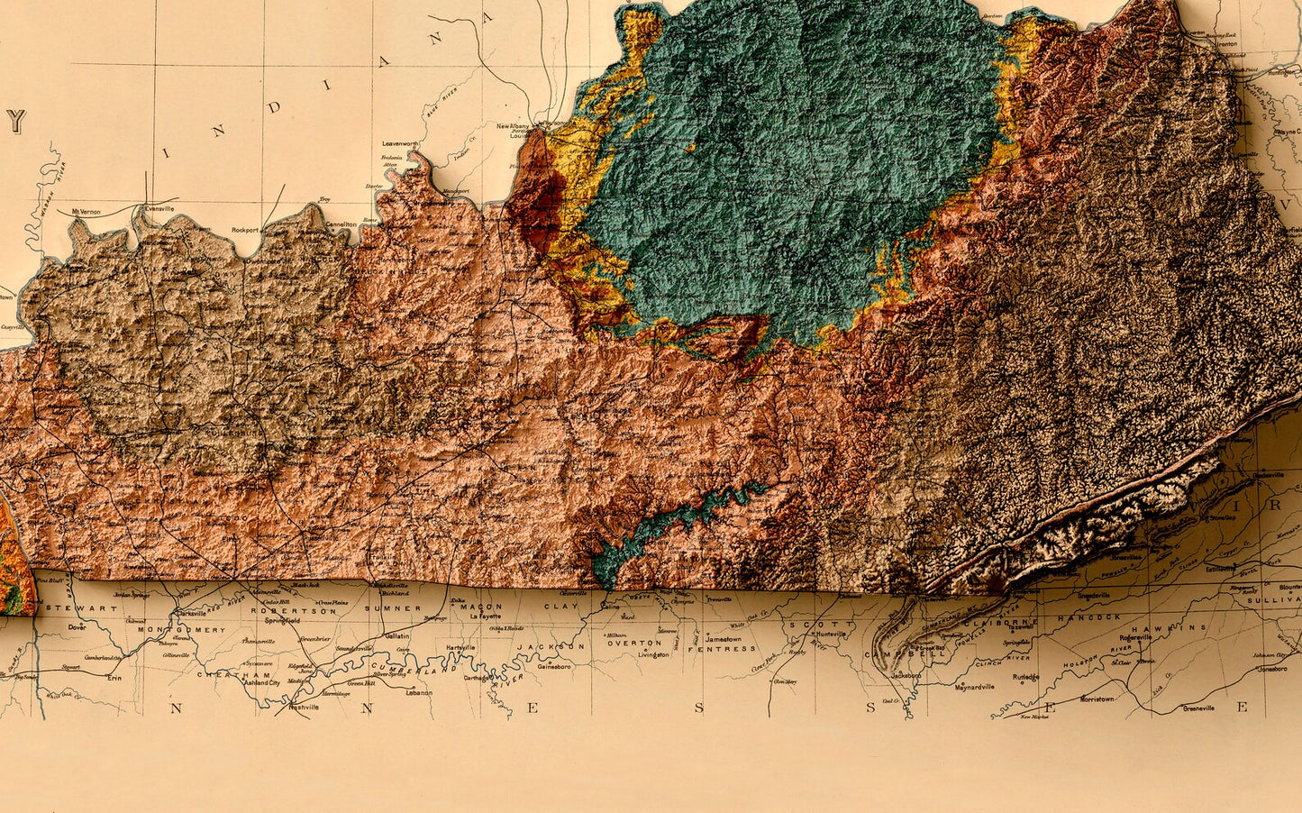 Detailed close-up of a vintage Kentucky (USA) relief map, showcasing textured topography and geographic contours