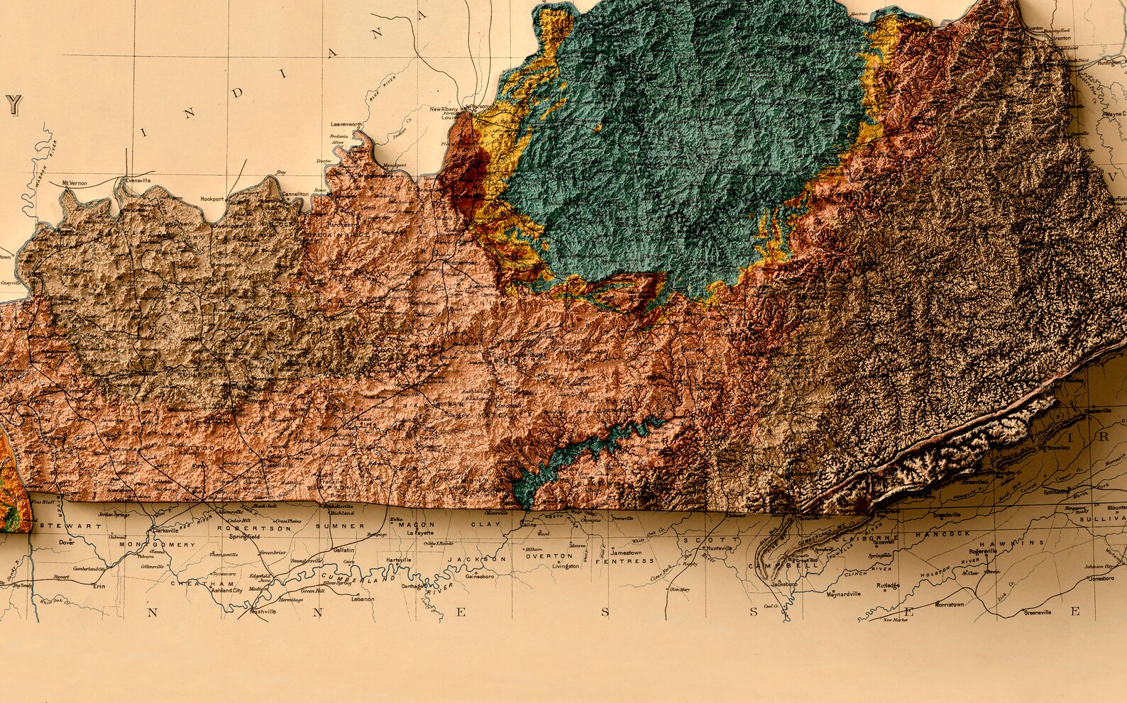 Detailed close-up of a vintage Kentucky (USA) relief map, showcasing textured topography and geographic contours