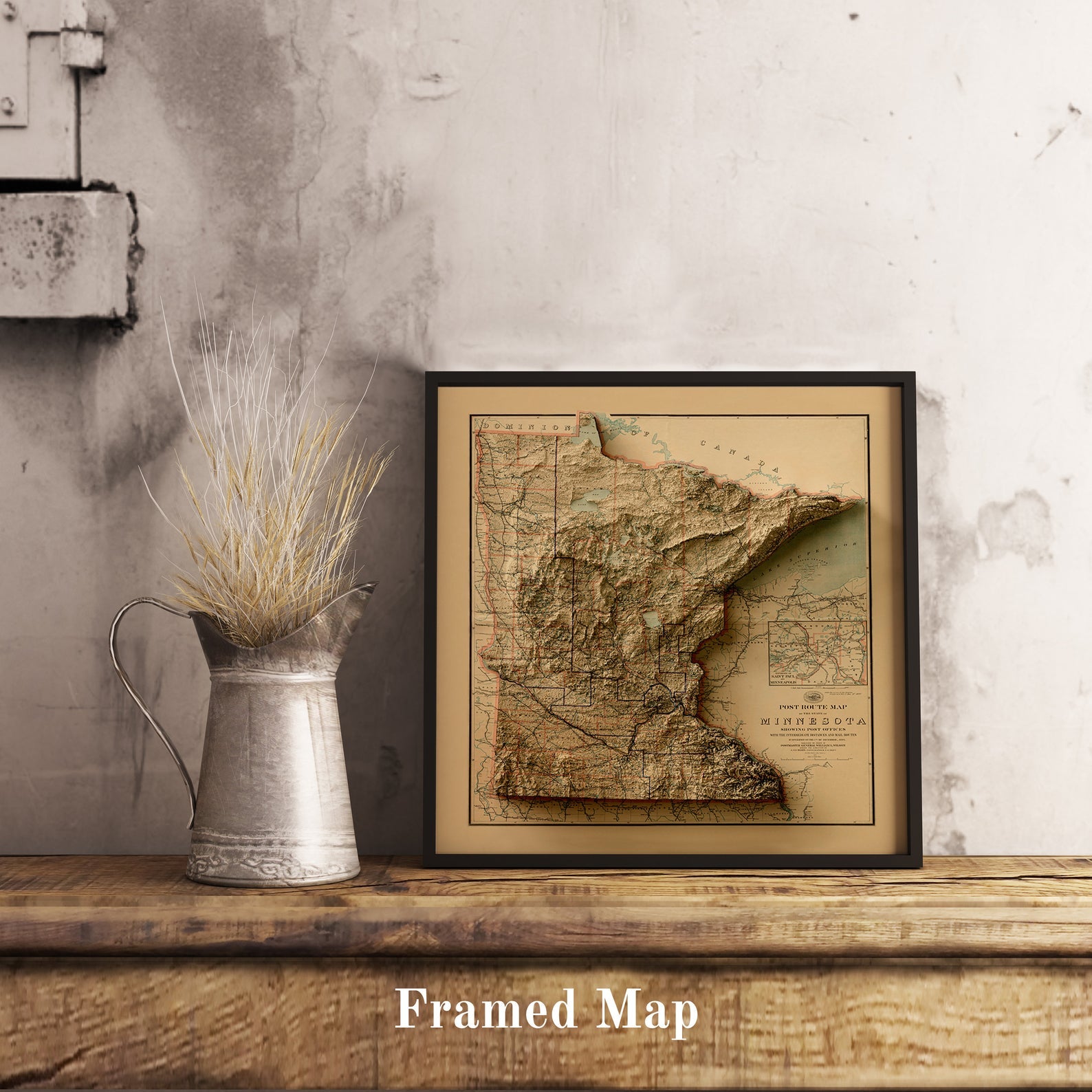 Vintage Minnesota (USA) shaded relief map in black frame. Realistic terrain art print for home decor, displayed on rustic wooden table
