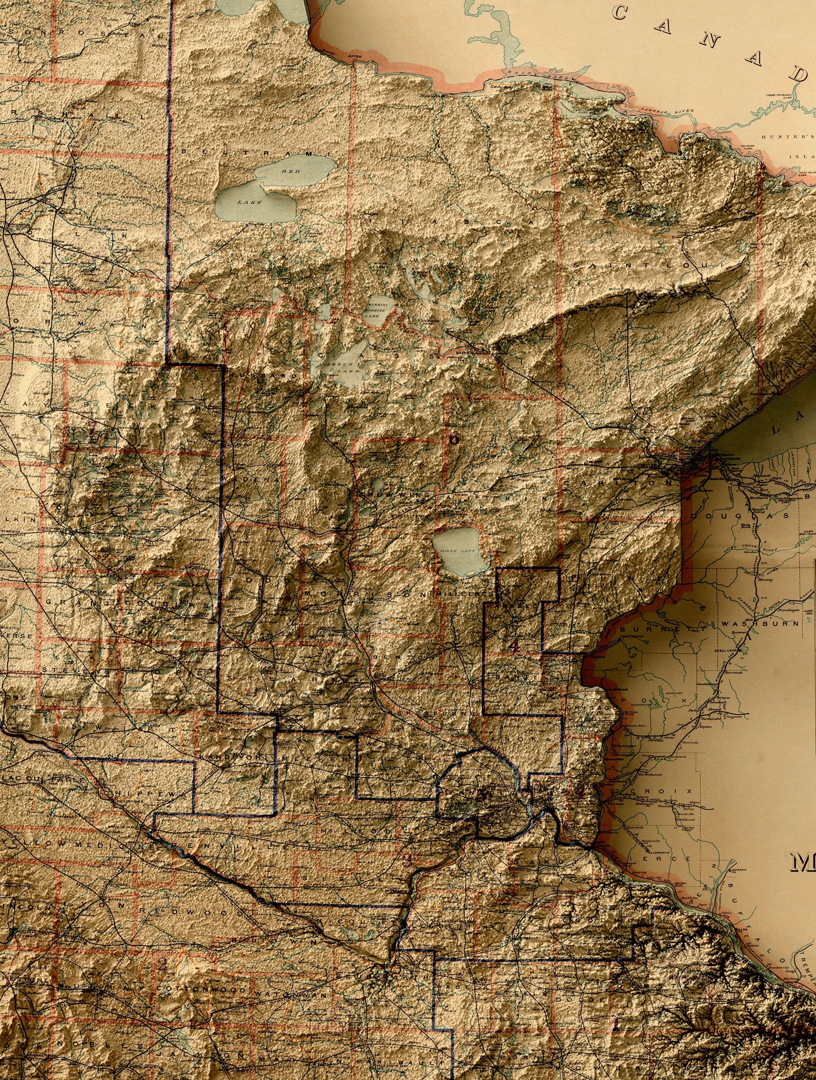 Detailed close-up of a vintage Minnesota (USA) relief map, showcasing textured topography and geographic contours