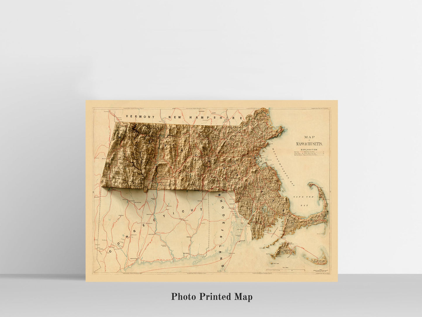 Massachusetts (USA) Shaded relief map print, highlighting topography. Ideal for home decor and geography lovers