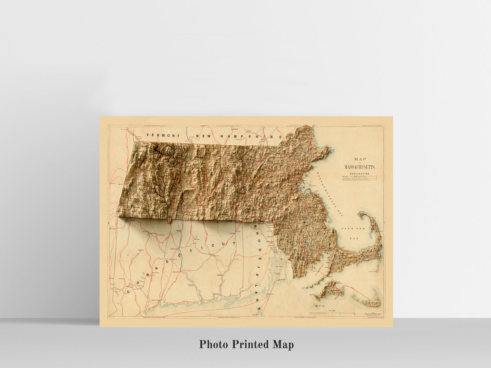Massachusetts (USA) Shaded relief map print, highlighting topography. Ideal for home decor and geography lovers