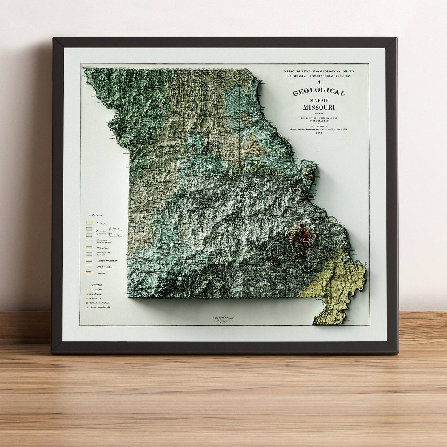 Missouri (USA) vintage framed shaded relief map in black frame. Artistic print highlighting mountains with a realistic terrain effect