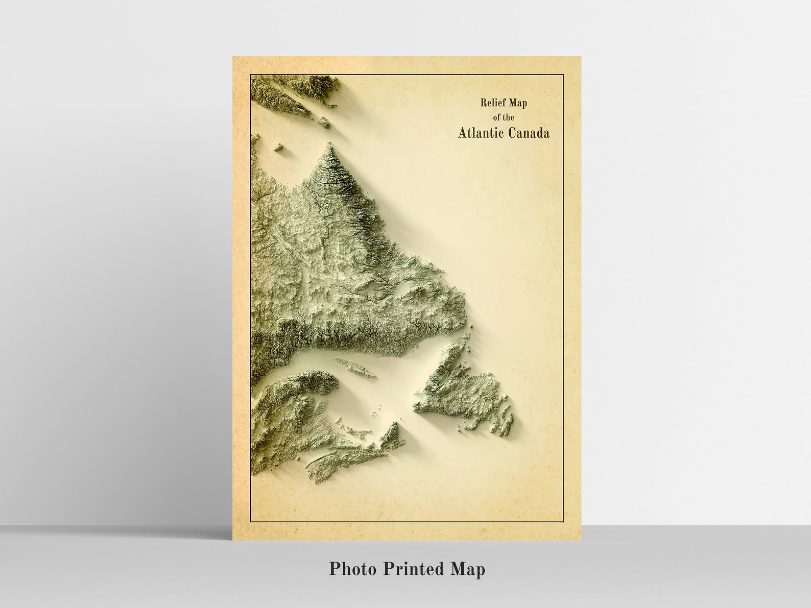 Atlantic Canada relief map print, highlighting topography. Ideal for home decor and geography lovers