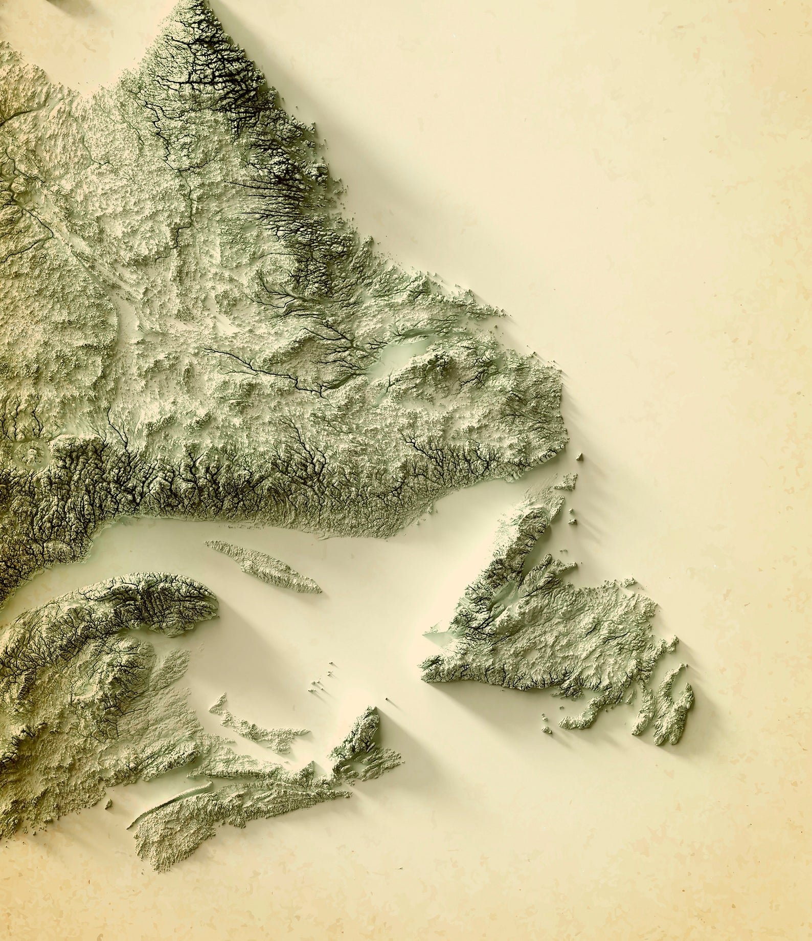Detailed close-up of a vintage Atlantic Canada relief map, showcasing textured topography and geographic contours