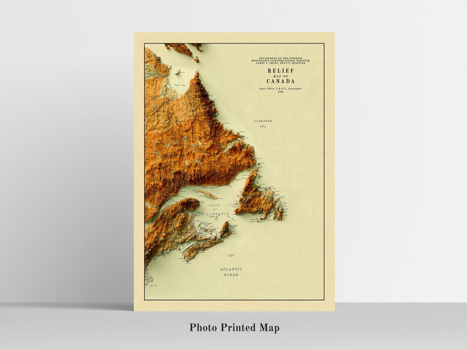 Atlantic Canada relief map print, highlighting topography. Ideal for home decor and geography lovers