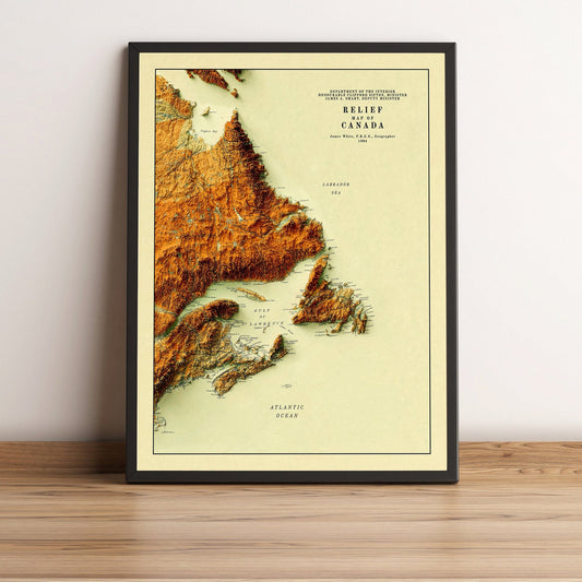 Atlantic Canada vintage framed shaded relief map in black frame. Artistic print highlighting mountains with a realistic terrain effect