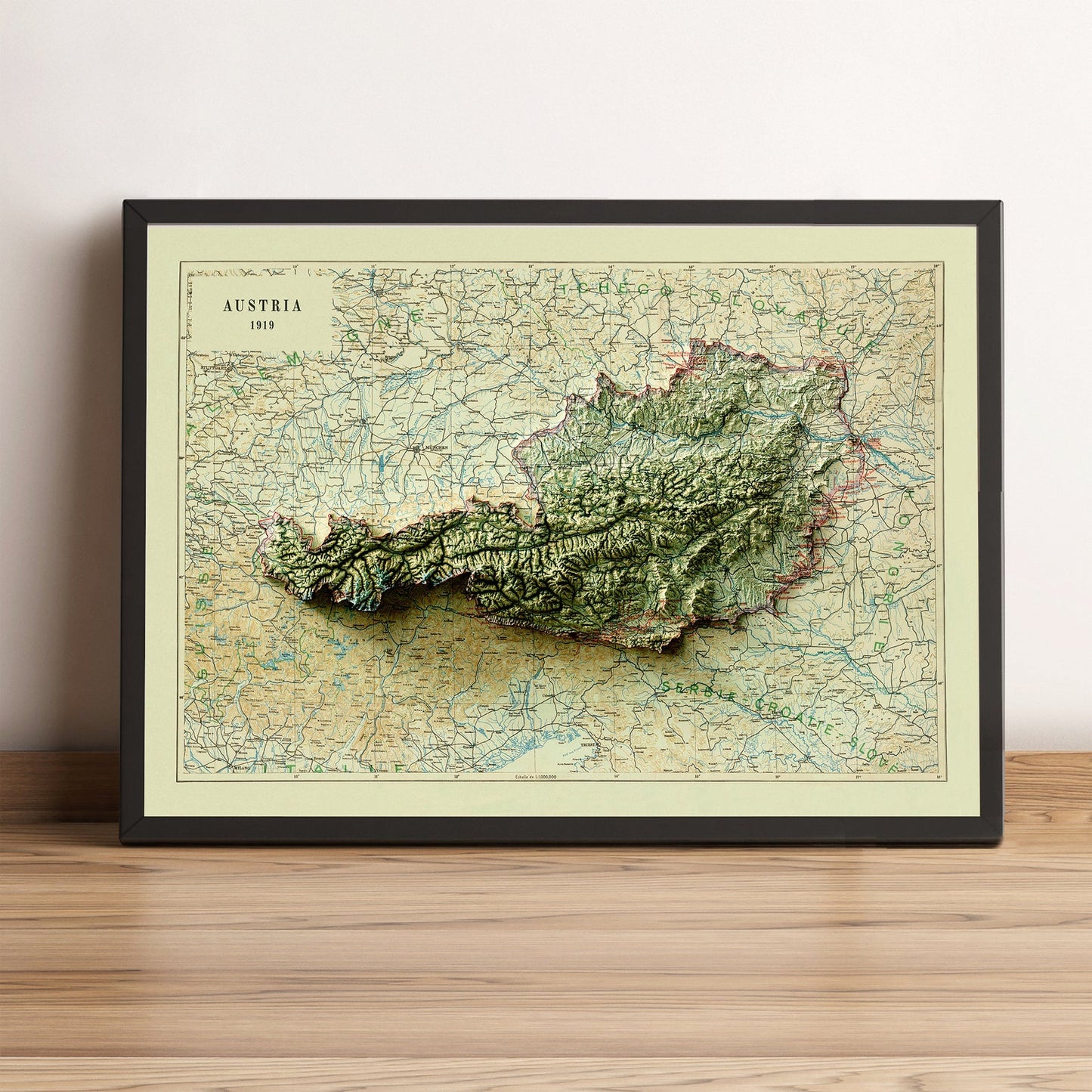 Austria vintage framed shaded relief map in black frame. Artistic print highlighting mountains with a realistic terrain effect