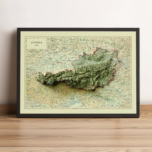 Austria vintage framed shaded relief map in black frame. Artistic print highlighting mountains with a realistic terrain effect